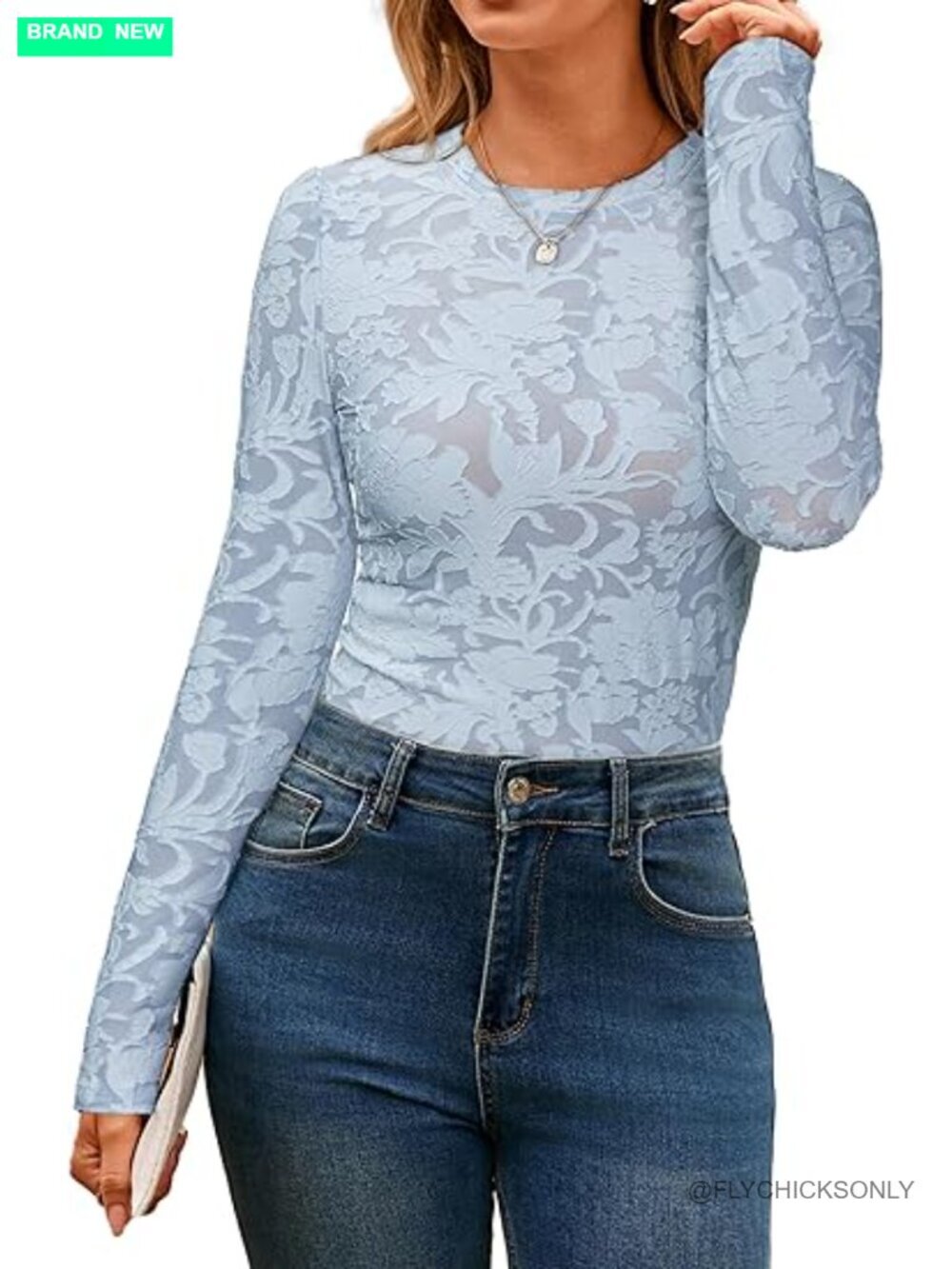 Sheer Mesh Long Sleeve Blouse Lace See Through Sexy Crew Neck Floral Top